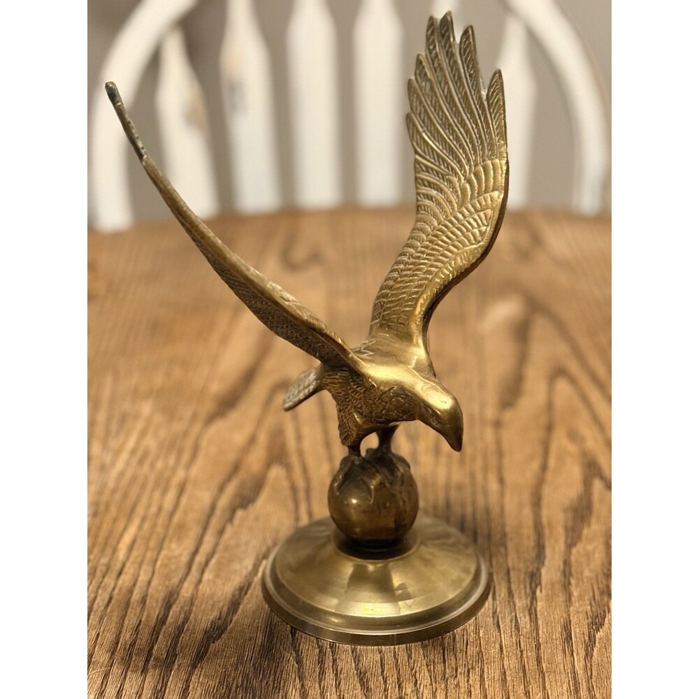 Vintage Solid Brass Eagle Statue Figurine Wings in Flight 10 1/2” Tall 4.5” Base